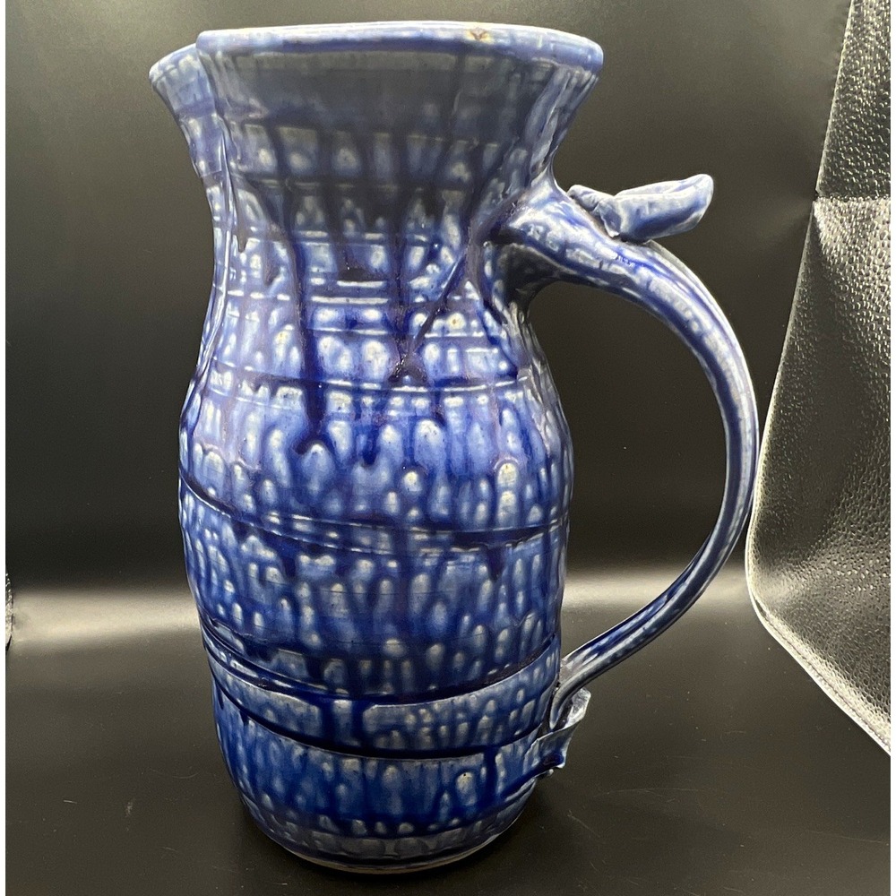 Vintage 1995 Studio Pottery Pitcher Cobalt Blue Signed Wheel Thrown 10"